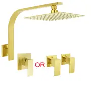 Square Brushed Gold 8" 10" Rainfall Shower Head High Rise Swivel Gooseneck Arm Round Set WELS