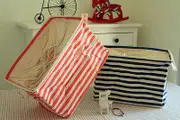 Navy Canvas Zakka Vintage Drawstring Storage Laundry Shopping Basket Fold Bin