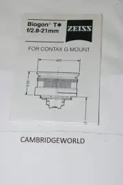21mm F2.8 ZEISS CONTAX G BIOGON T* NEW WIDE PRIM LENS INSTRUCTION MANUAL BOOK