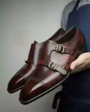 Handmade Men's Brown Cowhide Leather Double Monk Round Toe Dress Formal Shoes