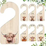 Baby Size Closet Dividers - 7X Highland Cow Organizer Dividers - Wooden Cute Wardrobe Storage Decorations Separators for Sorting, Organizing Kids to 24 Months