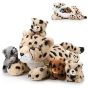 5 Pcs Cheetah Stuffed Animals Set Large Mommy Cheetah Plush with 4 Lying Style