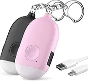 WETEN Personal Alarm Keychain for Women Self Defense - 2 Pack USB Rechargeable 130 dB Loud Safety Siren Whistle with LED Light – Panic Button or Pull Pin Alert Device Key Chain (Black&Pink)