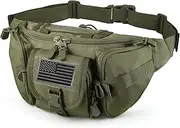 FRTKK Tactical Fanny Pack Military Waist Bag Pack with USA Flag Patch Utility Hip Pack with Adjustable Strap for Outdoors Fishing Cycling Camping Hiking Dog Walking, Army green, 12.6 x 5.1 x 5.9