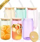 6 Pcs 16oz Colored Drinking Glasses with Bamboo Lids & Straws, Can-Shaped Tumble