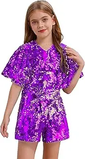 [Rswnyirn] Girl's Sequin Romper Sparkly Short Jumpsuit V Neck Ruffled Dance Outfits Pageant Party Prom