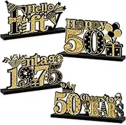 4 Pieces 50th Birthday Decorations Wooden Vintage 1973 Table Party Supplies, Black Gold Cheers to 50 Years Table Centerpieces Sign, Happy 50th Anniversary Bday Hello Fifty Table Decor