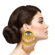 Yellow and Gold Bead Eye Fringe Earrings
