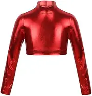 [Choomomo] Kids Girls Long Sleeve Mock Neck Metallic Shiny Crop Top for Cheerleading Jazz Hip Hip Dance Shirts