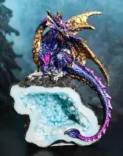Azure Blue Iridescent Dragon On Faux Geode Rock Quartz Crystal Cove Figurine 5"H