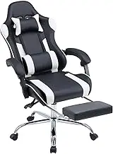 DUMOS Ergonomic Gaming Desk Chair - PU Leather Recliner with Footrest, Lumbar Support, Headrest, Fixed Armrests, Height Adjustable, 360° Swivel, White, for Adults