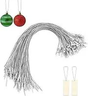 100 PCS Christmas Tree Ornament Hanger Strings Snap Fastener Tag Cord Precut Ribbon Hook Xmas Ornament Hanging Loop for Christmas Tree Decorations Baubles Gift Tag (Silver)