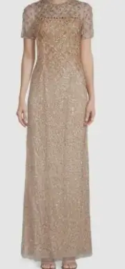 $595 Aidan Mattox Women Gold Beaded Back Slit Round Neck Gown Dress Size US 8