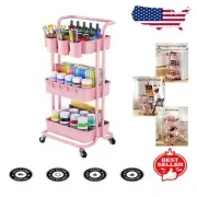 3-Tier Pink Rolling Cart with Wheels & Hooks: Versatile Storage Solution