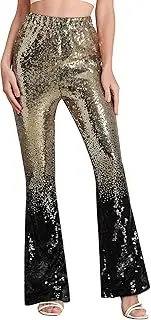 [ODIZLI] Womens Bell Bottom Sparkle Sequin Flare Pants Elastic High Waisted Bling Glitter Dance Pants