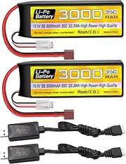 2PCS 3S Lipo Battery 11.1V 3000mAh 35C with T Plug and USB Charging Cable Suitable for RC Car, Truck, Remote Control Boat, RC Quadcopter Aircraft, FPV Drone Battery