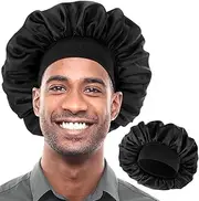 COMNICO Bonnet for Men, Silk Satin Sleep Cap Single Layer Elastic Band Stretchy Tie Band Wide Soft Adjustable Hair Cap Large Silk Bonnets for Women Curly Hair Sleeping Black, Black, 3