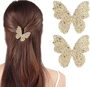 Lopsity 2PCS Gold butterfly New Glitter Gold Bows Hair Clip Bling Sequin Hair Ribbon Clips Headwear Hair Accessories for Women (gold-A)