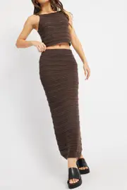 Brown Crochet Skirt High Rise Elastic Waistband Midi - Size 16XL, Women's Knit Skirt