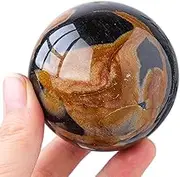 Natural Black Tourmaline Ball Sphere with Ocean Jasper - Healing Gemstone Balls Sculpture Figurine for Home Decor Meditation, Metaphysical Gift Men Women, with Wood Stand,55~60mm