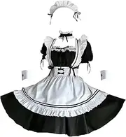 aternee Women's Lolita French Maid Cosplay Costume, Anime Maid Outfit Halloween, Set Including Dress, Headwear, Apron, Collar, Bracelet, Leg Rings , M