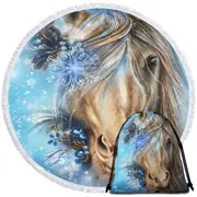 Winter Snowflake Pretty Blue Horse Round Beach Towel
