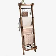 6-Tier Blanket Ladder with 2 Large Shelf, Clothes Rack with 4 Removable Metal Hooks, 5.2 Ft Wall-Leaning Quilt Throws Towel Rack, Blanket Storage for Living Room, Bedroom(Rustic Brown)
