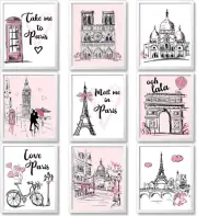 9 Pieces Paris Decor for Bedroom Bathroom Pink Paris Wall Art Eiffel Tower Roman