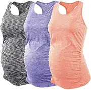 [Ecavus] 3PCS Women's Maternity Tank Tops Seamless Racerback Workout Athletic Yoga Tops Pregnancy T-Shirt