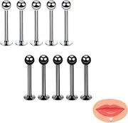 [Generic] 10pcs Stainless Steel Piercing Studs, Lip Labret Bars Jewelry Set for Ear and Lip Piercing (black+steel color)