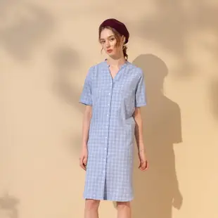 【MASTINA】修身長版開襟-女短袖洋裝 開襟 藍 米(二色/版型適中)
