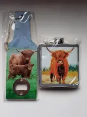 Highland Cow Bottle Opener & Whiskey Hip Flask 6oz Stainless Steel - NEW