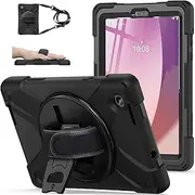 [zenrich] Case for Lenovo Tab M8 4th Gen 8 Inch 2024 2023, Shockproof Rugged Protective Case Cover with Rotating Kickstand Hand Strap Pencil Holder & Shoulder Belt for Lenovo M8 Gen 4 Tablet, Black