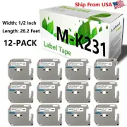 12-Pack M-K231 Label Tape MK231S MK231 (12mm) for PT-70BM Laber Makers