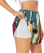 [WURTON] Cocktail Glasses and Wine Bottless Print Exercise Gym Workout Shorts Women's Athletic Shorts Dual-Layered Yoga Running Shorts