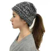 Nevenka Womens Beanie Hat with Ponytail Hole Warm Knit Cap-BlackFlowers