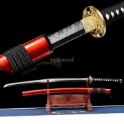 T10 Clay Tempered Brass Japanese Katana Real Hamon Full Tang Red Samurai Sword .