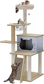 Pawz Cat Tree 120cm, Wood Cat Tower for Indoor Cats, 360° Transparent Capsule and Dangling Ball, Multi-Level Cat Condo with Sisal Scratching Posts and Ramp, Cat Activity Center Play Toys House