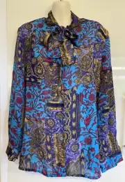 NWT Stitches Shoulder Padded Button Up Tie Neck Blouse Top Size 14