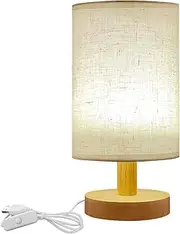 Tulbeys Linen Table Lamp with 3 Brightness Modes, Room Lamp Guest Room Must Haves, Small Lamps for Nightstand with Natural Wood Base, Ideal Bedside Lamp with Round Flaxen Fabric Shade for Bedroom