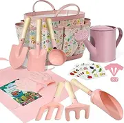 Qtioucp Kids Gardening Set 14Pcs Gardening Tools for Kids with Tote Bag,Watering Can, Shovel, Apron, Garden Book and More Educational STEM Learning Outdoor Indoor for Toddlers Kids Boys Girls