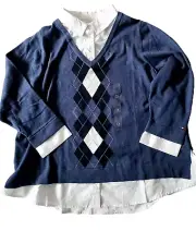 Tommy Hilfiger Women`s Argyle Preppy Sweater 2-in-1 Plus Size 1X Navy