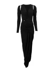 Black Cold Shoulder Deep V Ruched Gown