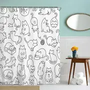 Cat Shower Curtain for Bathroom with Hooks, Black and White Cute Cartoon
