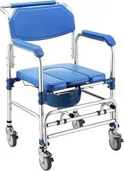 Shower Commode Chair with Wheels Multi-Functional Rolling Bath Stool Wheelchair with Soft Padded Waterproof Mobile Over Toilet Chair Bathroom for Disable Injured