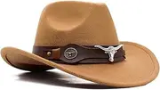 [Yannify] Cowboy Hat Western Hat Wide Brim Trilby Fedora Hat Jazz Cap Cowgirl Bush Hat Vintage ShapeableOutback Hat with Buckle Band Adjustable Derby Party Hat,for Men/Women (Medium, Brown)