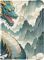 [Amooorous] Mountain Clouds Chinese Dragon Green Leather decorative cute passport holder Vaccine Case Protector Cover Passport Case Travel Documents Wallet Ultra Slim, Mountain clouds Chinese dragon green, 1 size