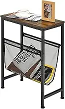 Giantex Industrial End Table, 2-Tier Narrow Small Side Accent Table with Mesh Magazine Holder Sling, Retro Nightstand, Rustic Sofa Coffee Table for Living Room, Bedroom and Office