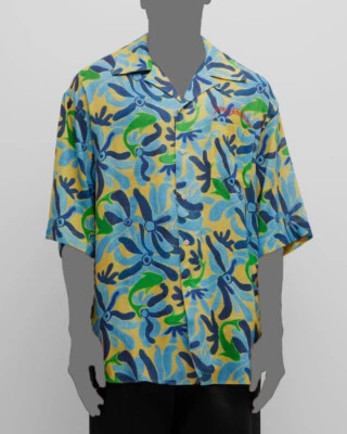$795 Marni Men Blue X No Vacancy Inn Chippy Fishes Linen Camp Shirt Size 50