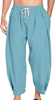 [Generic] Men's Casual Cropped Trousers Yoga Pants Linen Harem Drawstring Pants Mens Loose 3/4 Tapered Elastic Waist Beach Pants
